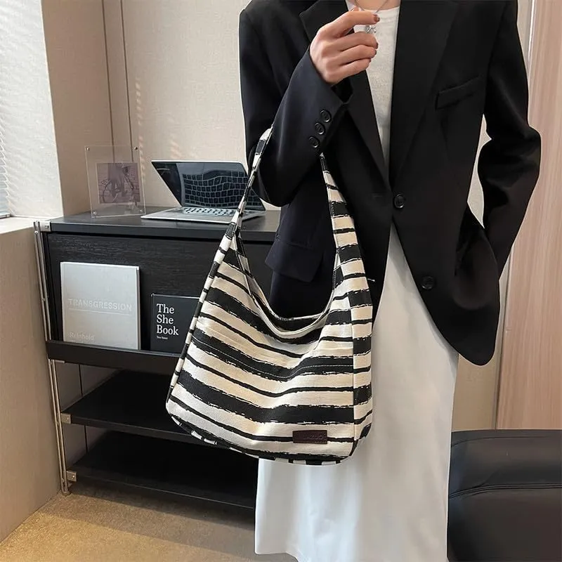 Shoulder Bag Striped Hobo Bags Womens Purses and Handbags Tote Bag for Women Work Casual Shopping Tote Purse Handbag Black