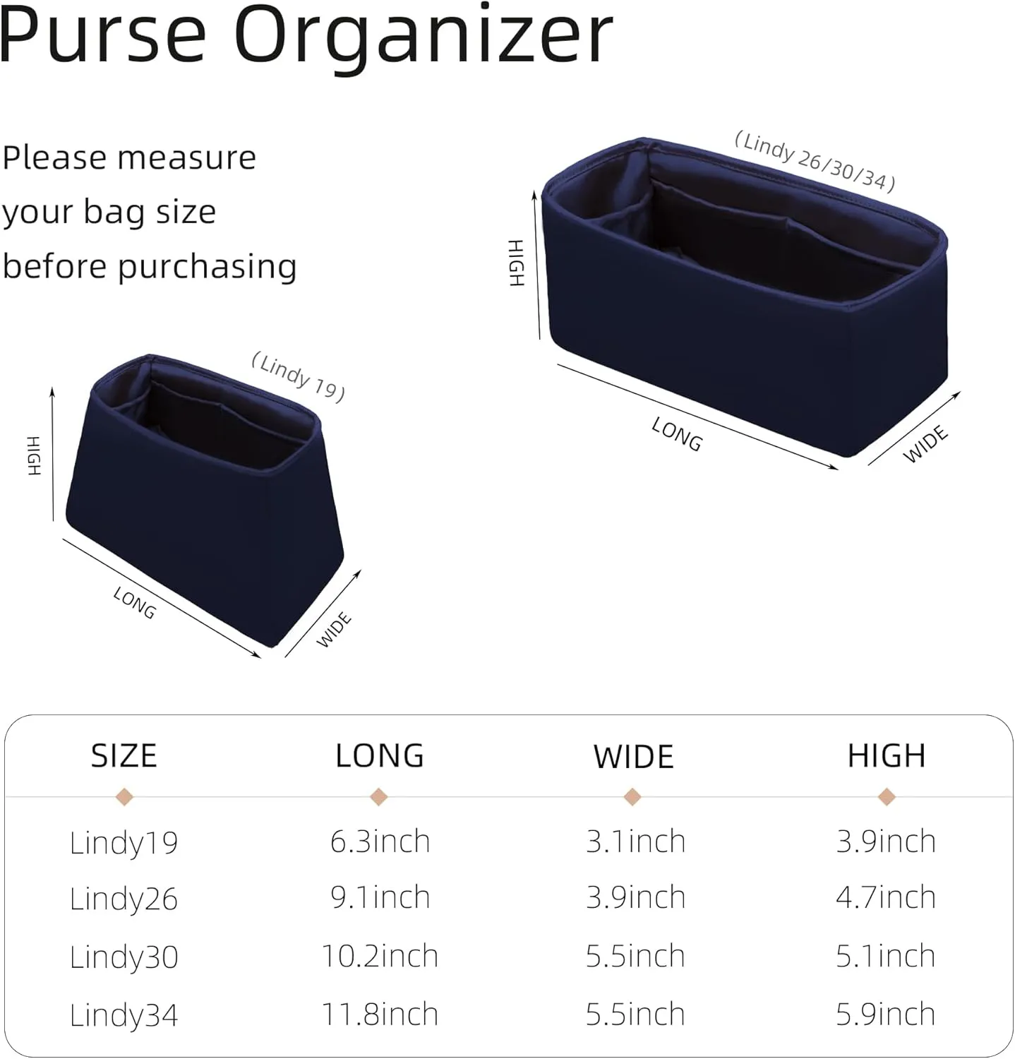 Silk Organizer for Lindy Mini/26/30/34,Soft and Gentle Touch Insert,Maintain Bag Natural Shape,Lightweight Inner Bag（Blue Nuit,Lindy Mini19）