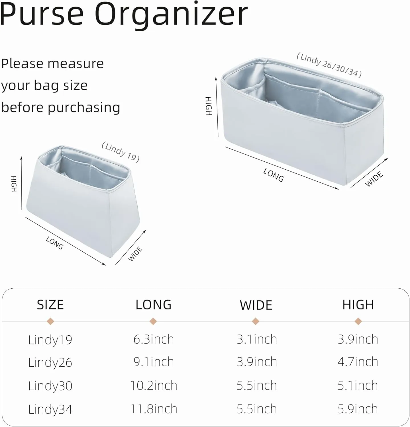 Silk Organizer for Lindy Mini/26/30/34,Soft and Gentle Touch Insert,Maintain Bag Natural Shape,Lightweight Inner Bag（Blue Pale,Lindy Mini19）