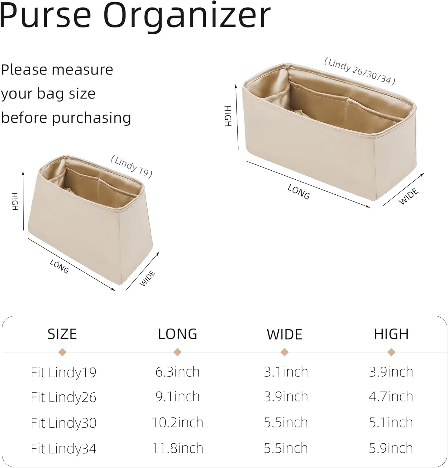 Silk Organizer for Lindy Mini/26/30/34,Soft and Gentle Touch Insert,Maintain Bag Natural Shape,Lightweight Inner Bag（Champagne,Lindy Mini19）