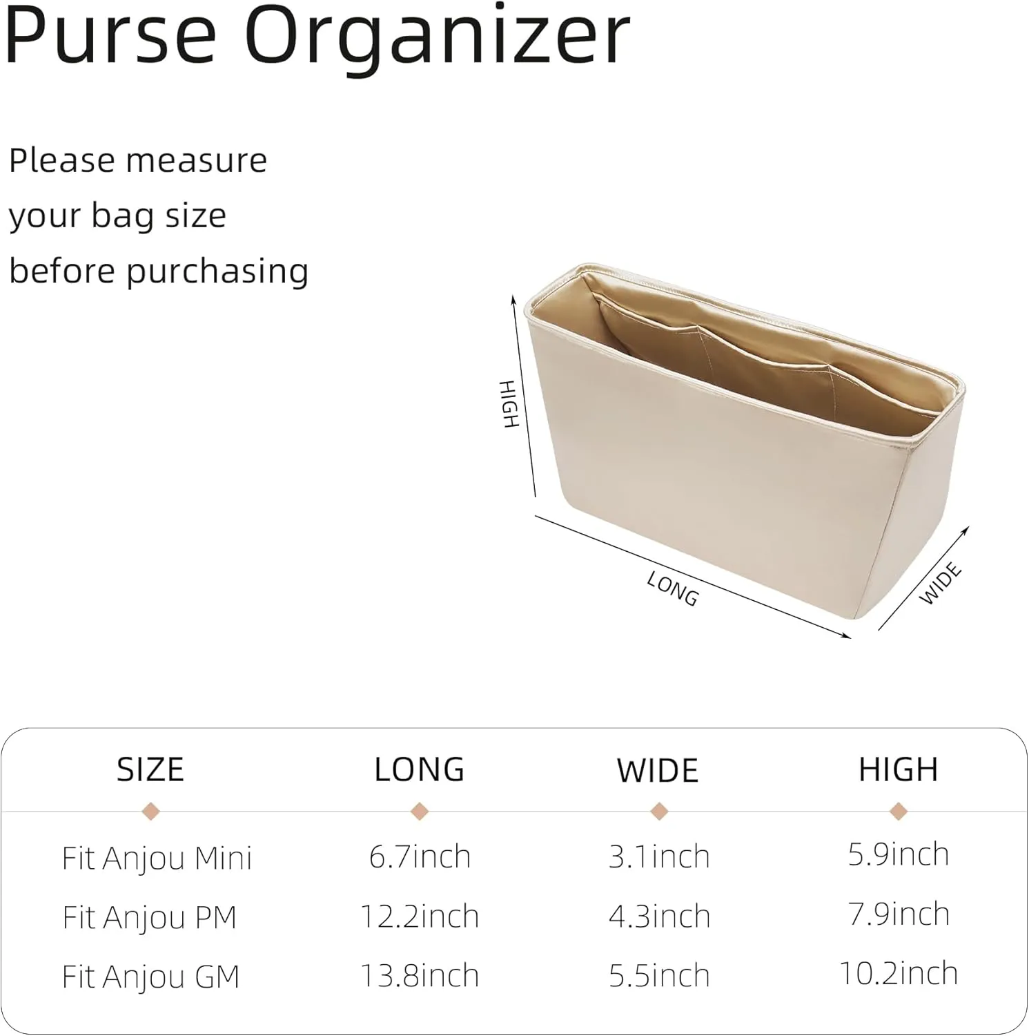 Silk Purse Organizer for Anjou Mini/PM/GM,Insert Bag in Bag,Luxury Handbag Tote Lining Bag Shapers(PM,Champagne)