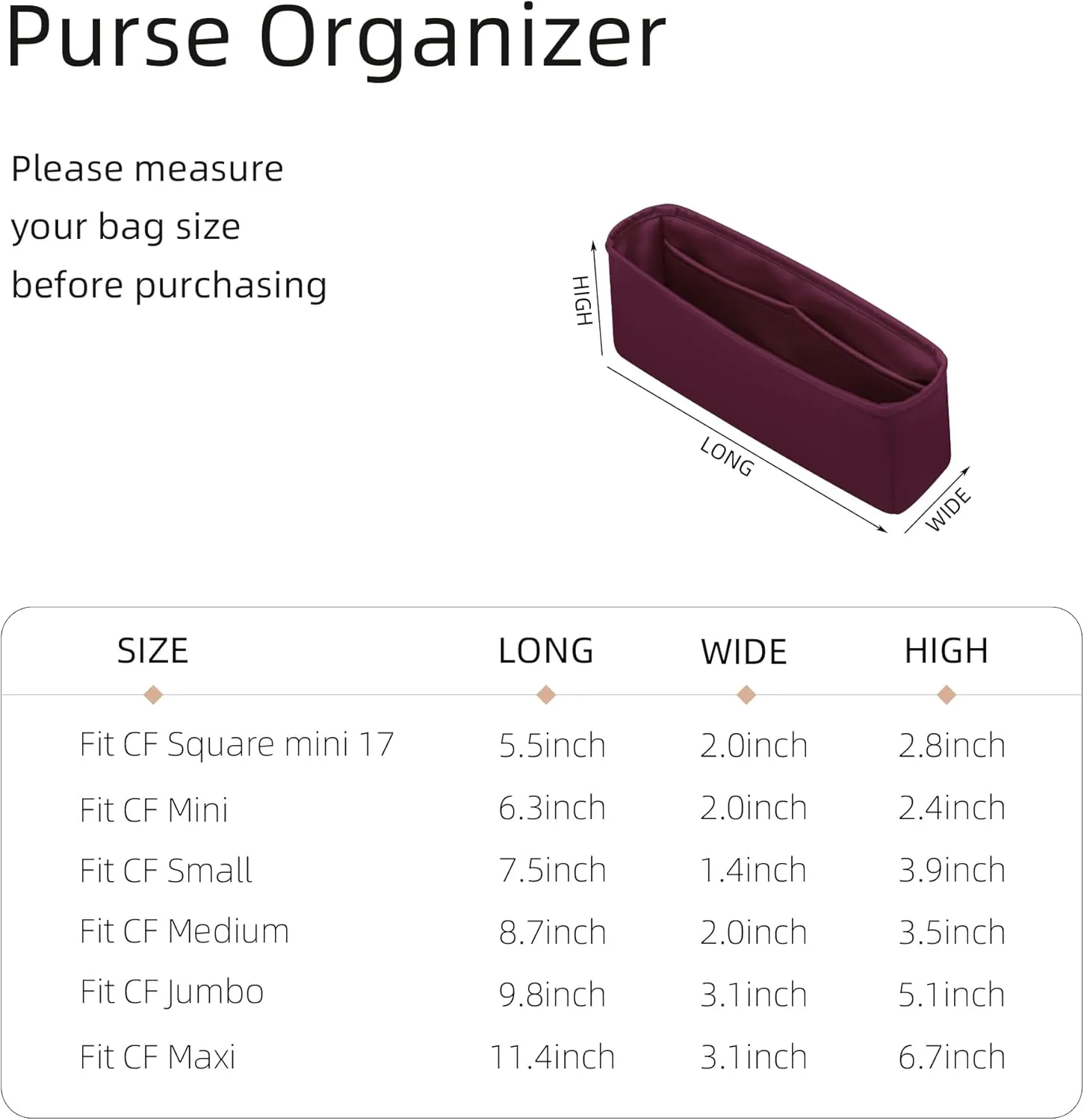 Silk Purse Organizer for Chanel Classic Flap Square/Mini/Small/Medium/Jumbo/Maxi, Insert Bag Liner, Luxury Handbag Tote Shaper (CF Square Mini 17, Fuchsia)