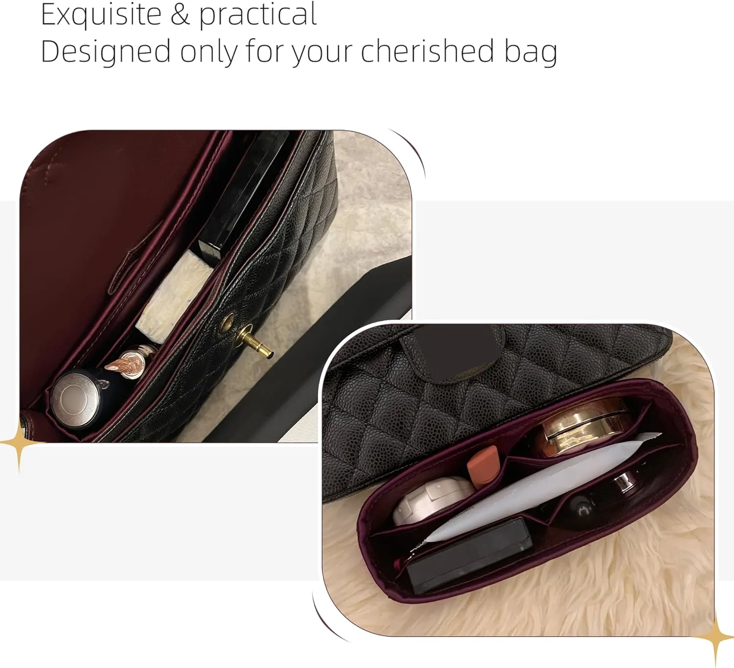 Silk Purse Organizer for Chanel Classic Flap Square/Mini/Small/Medium/Jumbo/Maxi, Insert Bag Liner, Luxury Handbag Tote Shaper (CF Square Mini 17, Fuchsia)