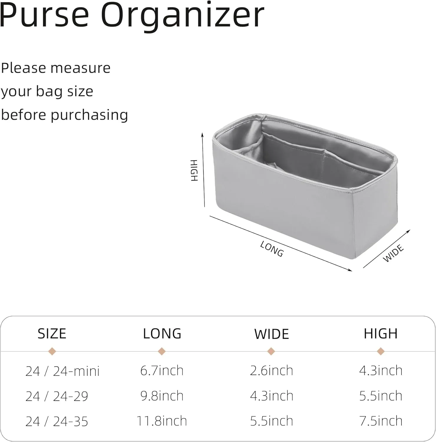 Silk Purse Organizer for Hermes 2424 Mini/29/35,Insert in Bag,Luxury Handbag Tote Lining Bag Shapers（Gris Meyer,2424Mini）