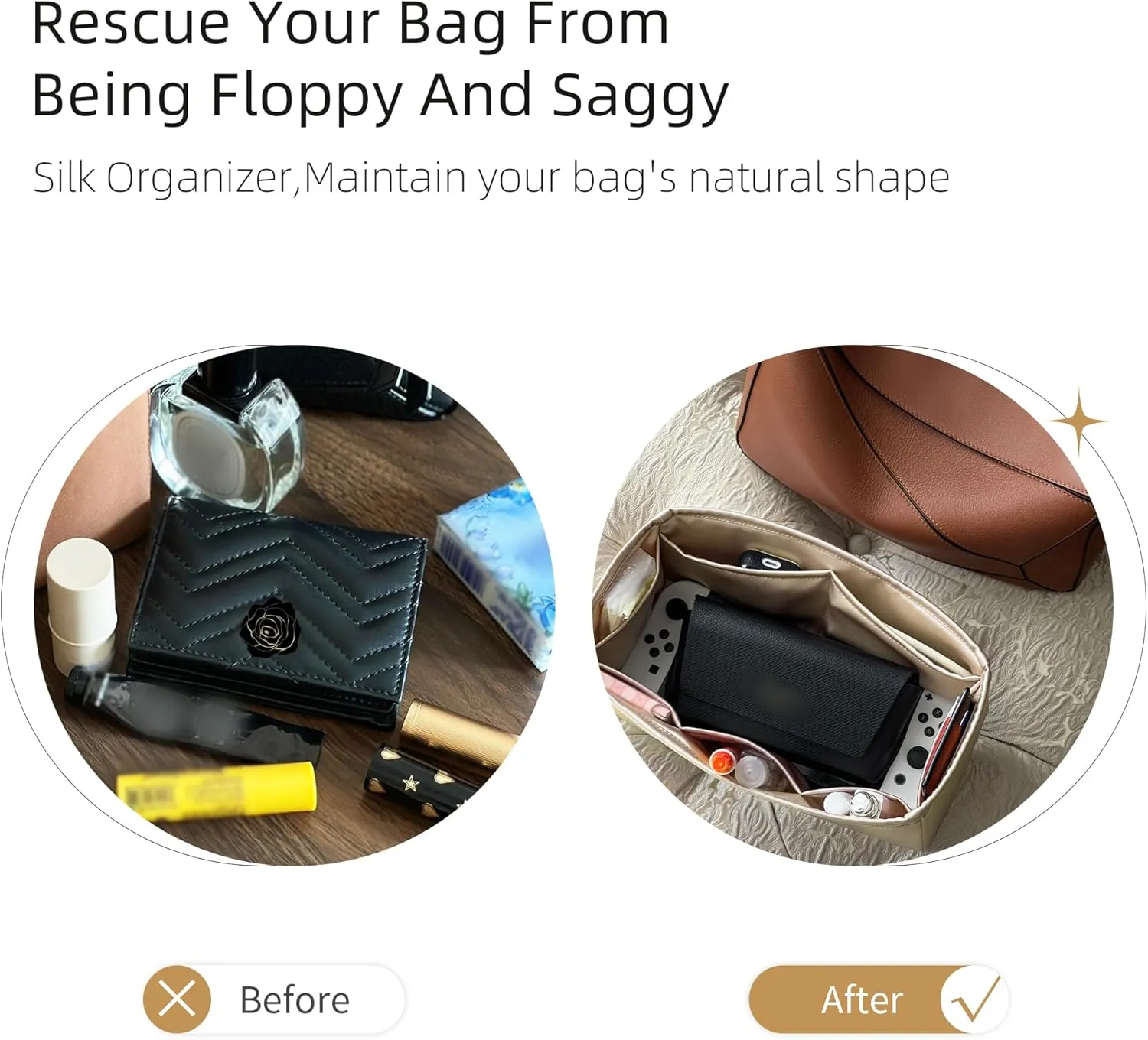 Silk Purse Organizer for Puzzle Mini/Small/Medium/Large,Insert Bag in Bag,Luxury Handbag Tote Lining Bag Shapers(Gold,Small)