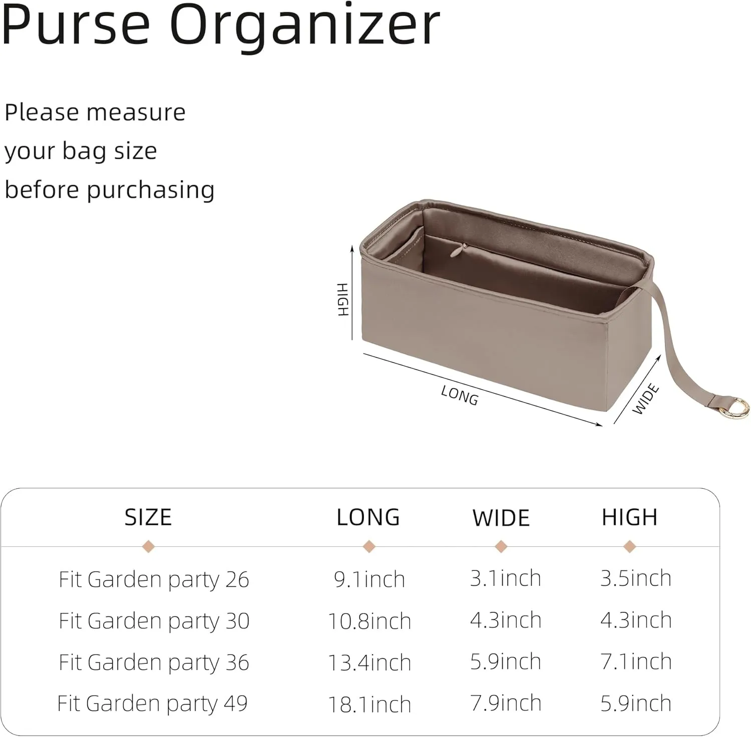 Silk Purse Organizer with Invisible Zipper for Garden Party 26/30/36/49,Insert Bag in Bag,Luxury Handbag Tote Lining Bag Shapers(GP30 with Zipper,Etoupe Grey)