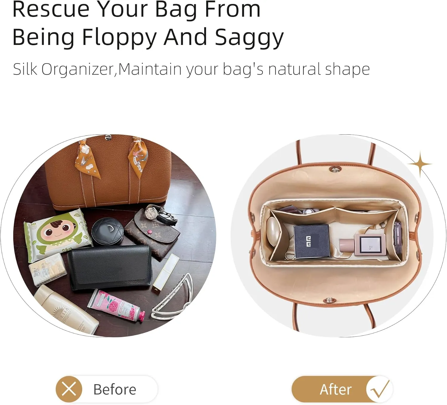 Silk Purse Organizer with Invisible Zipper for Garden Party 26/30/36/49,Insert Bag in Bag,Luxury Handbag Tote Lining Bag Shapers(GP30 with Zipper,Etoupe Grey)