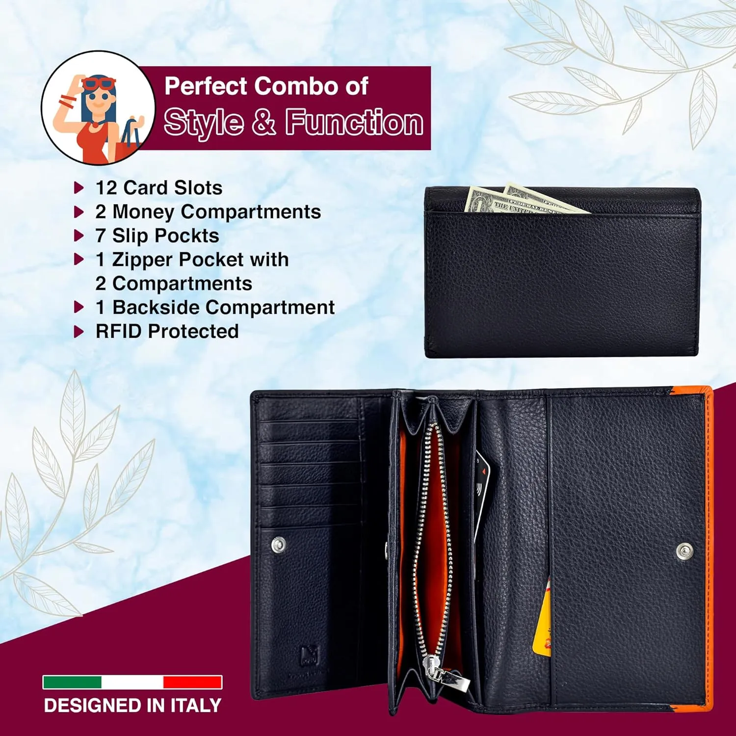 SKYLE Leather Purse for Women (Black), RFID Protected Clutch Wallet, 12 Card Slots, Cash & Coin Compartment, Durable Hand Carry Purses for Girls with Gift Box