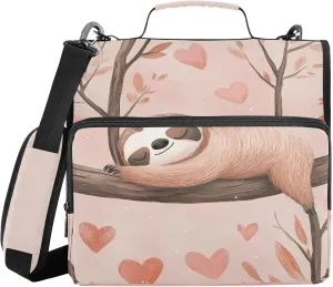Sleeping Sloth Hearts Pink 3 Ring Zipper Binder with Shoulder Strap File Folder Organizer for Work Business School Document Storage
