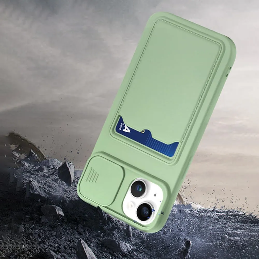 Slide Camera Protection Card Holder Wallet Phone Case for iPhone 16 15 14 13 Pro Max 12 11 XR XS Max 8 Plus Soft Silicone Cover,Yellow,for iPhone 13 Pro
