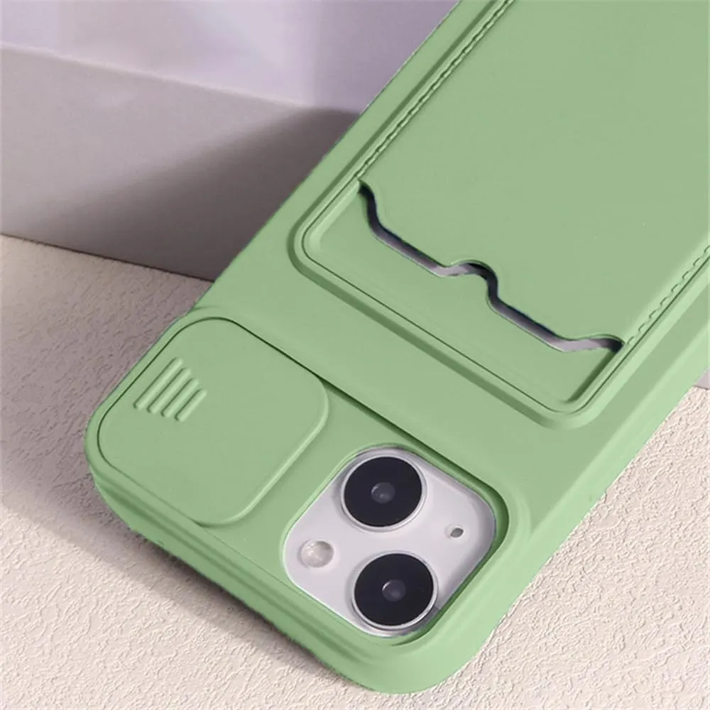 Slide Camera Protection Card Holder Wallet Phone Case for iPhone 16 15 14 13 Pro Max 12 11 XR XS Max 8 Plus Soft Silicone Cover,Yellow,for iPhone 13 Pro