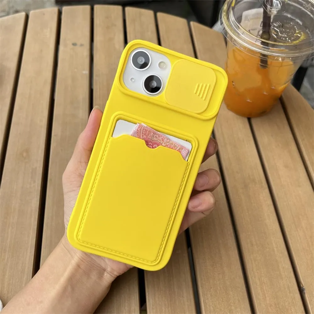 Slide Camera Protection Card Holder Wallet Phone Case for iPhone 16 15 14 13 Pro Max 12 11 XR XS Max 8 Plus Soft Silicone Cover,Yellow,for iPhone 13 Pro