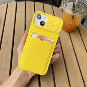 Slide Camera Protection Card Holder Wallet Phone Case for iPhone 16 15 14 13 Pro Max 12 11 XR XS Max 8 Plus Soft Silicone Cover,Yellow,for iPhone 13 Pro