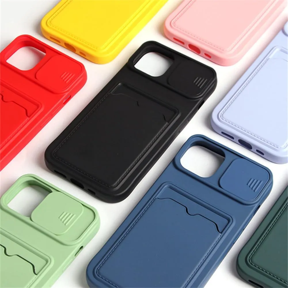 Slide Camera Protection Card Holder Wallet Phone Case for iPhone 16 15 14 13 Pro Max 12 11 XR XS Max 8 Plus Soft Silicone Cover,Yellow,for iPhone 13 Pro