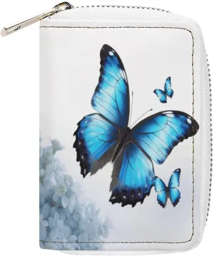 Slim Credit Card Holder Minimalist Blue Butterfly Printing Leather Card Bag Compact Card Organizer For Daily Use