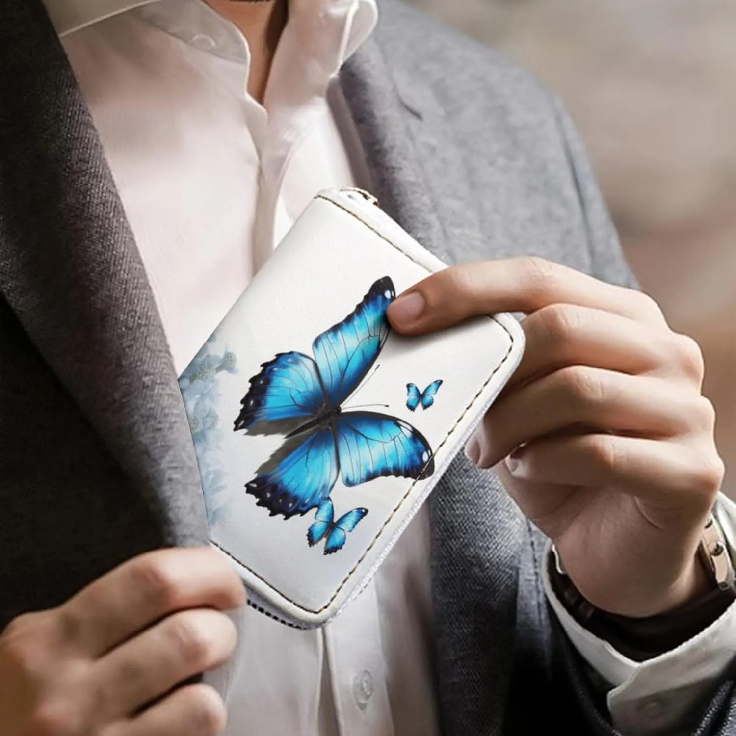 Slim Credit Card Holder Minimalist Blue Butterfly Printing Leather Card Bag Compact Card Organizer For Daily Use