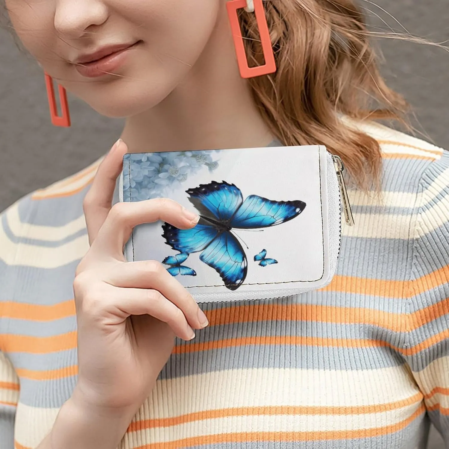 Slim Credit Card Holder Minimalist Blue Butterfly Printing Leather Card Bag Compact Card Organizer For Daily Use