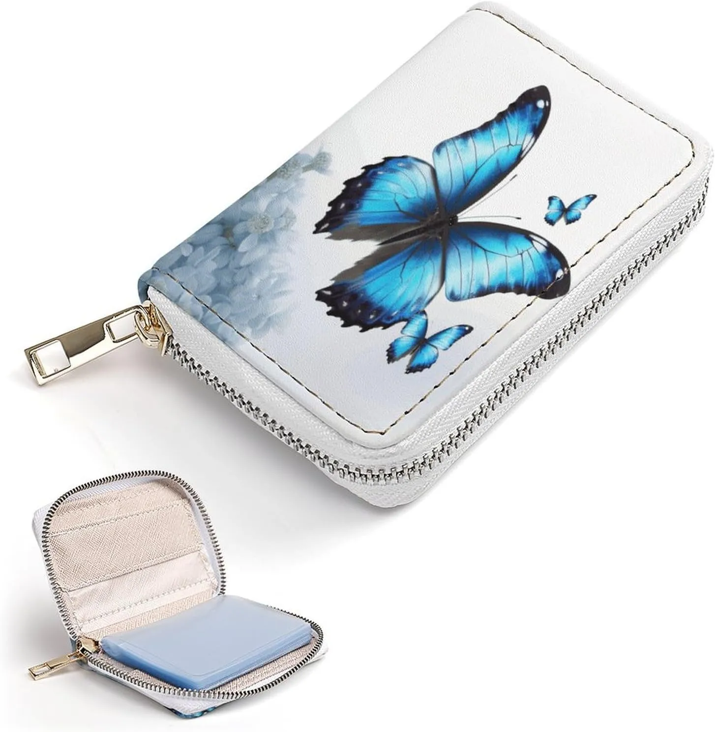 Slim Credit Card Holder Minimalist Blue Butterfly Printing Leather Card Bag Compact Card Organizer For Daily Use