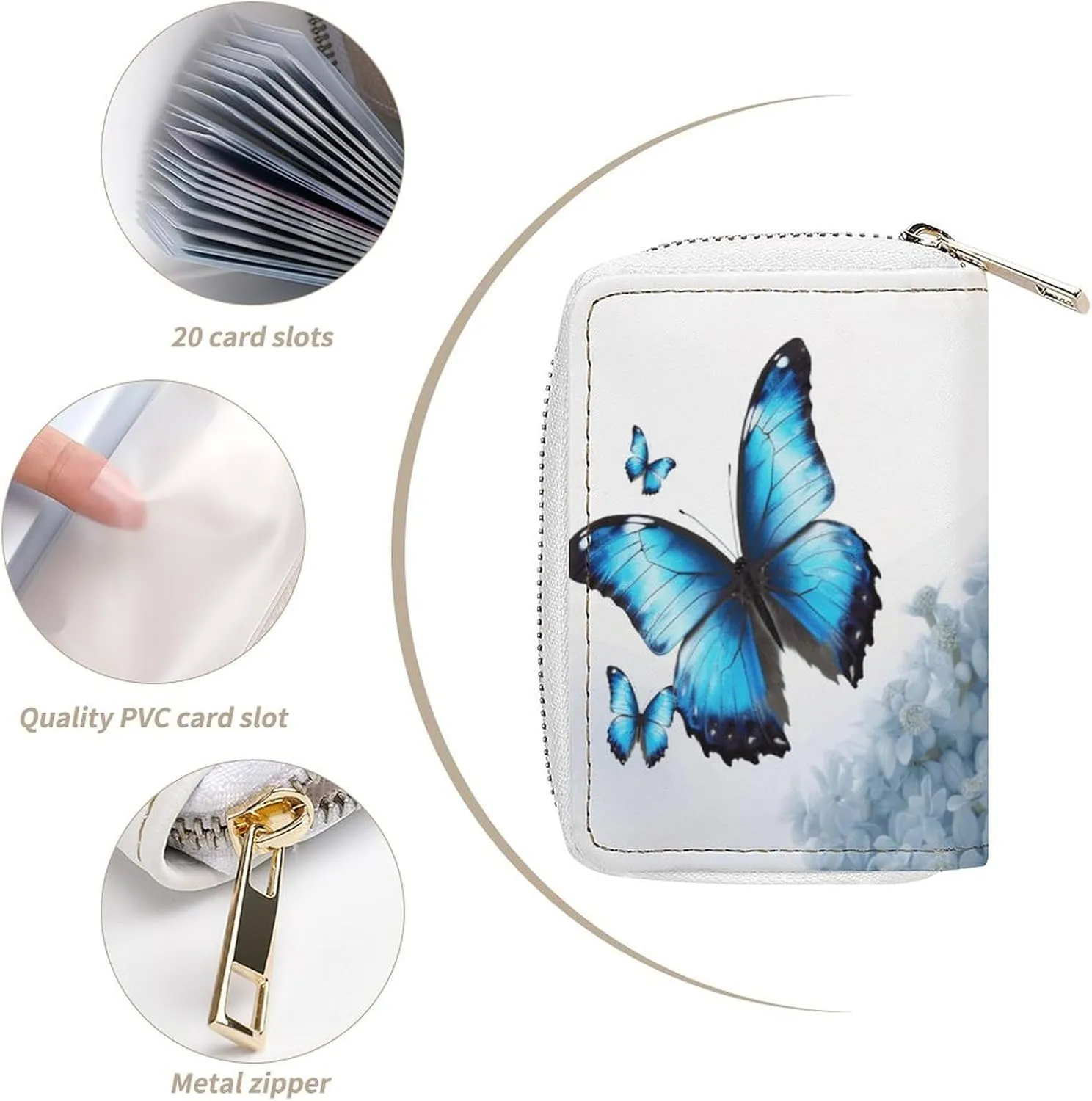 Slim Credit Card Holder Minimalist Blue Butterfly Printing Leather Card Bag Compact Card Organizer For Daily Use