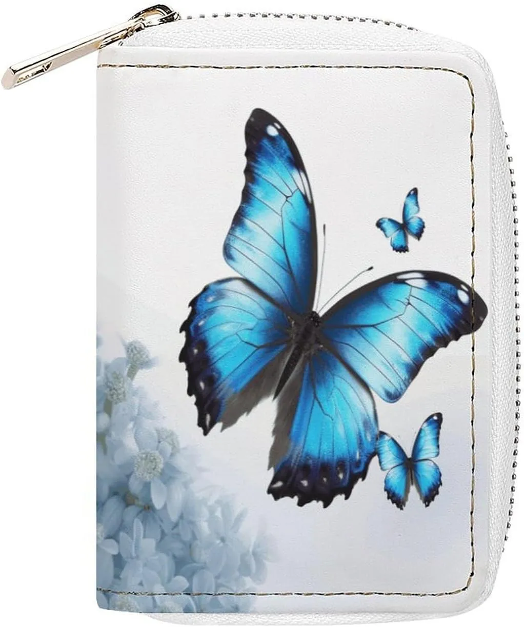 Slim Credit Card Holder Minimalist Blue Butterfly Printing Leather Card Bag Compact Card Organizer For Daily Use