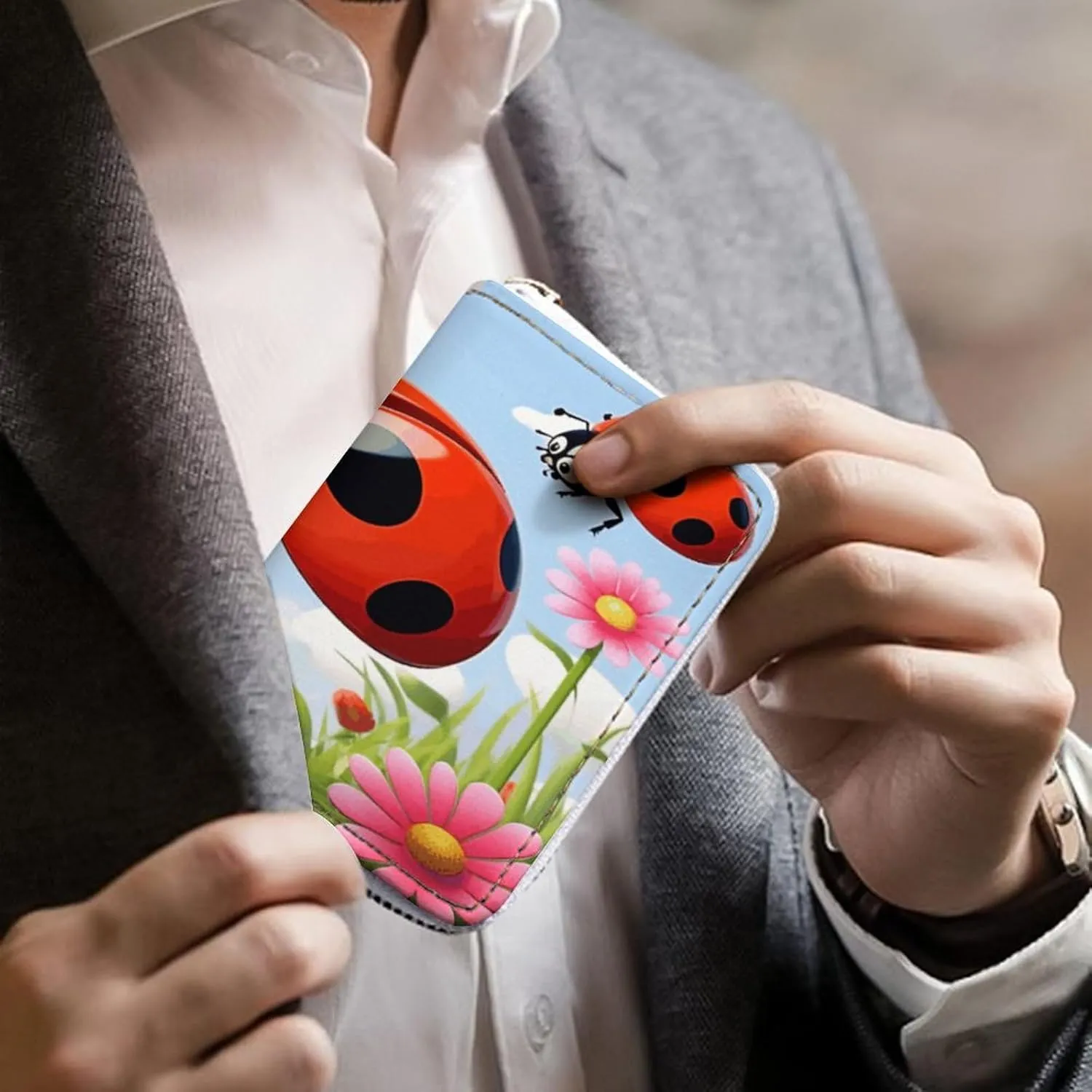 Slim Credit Card Holder Minimalist Cartoon Flower Printing Leather Card Bag Compact Card Organizer For Daily Use