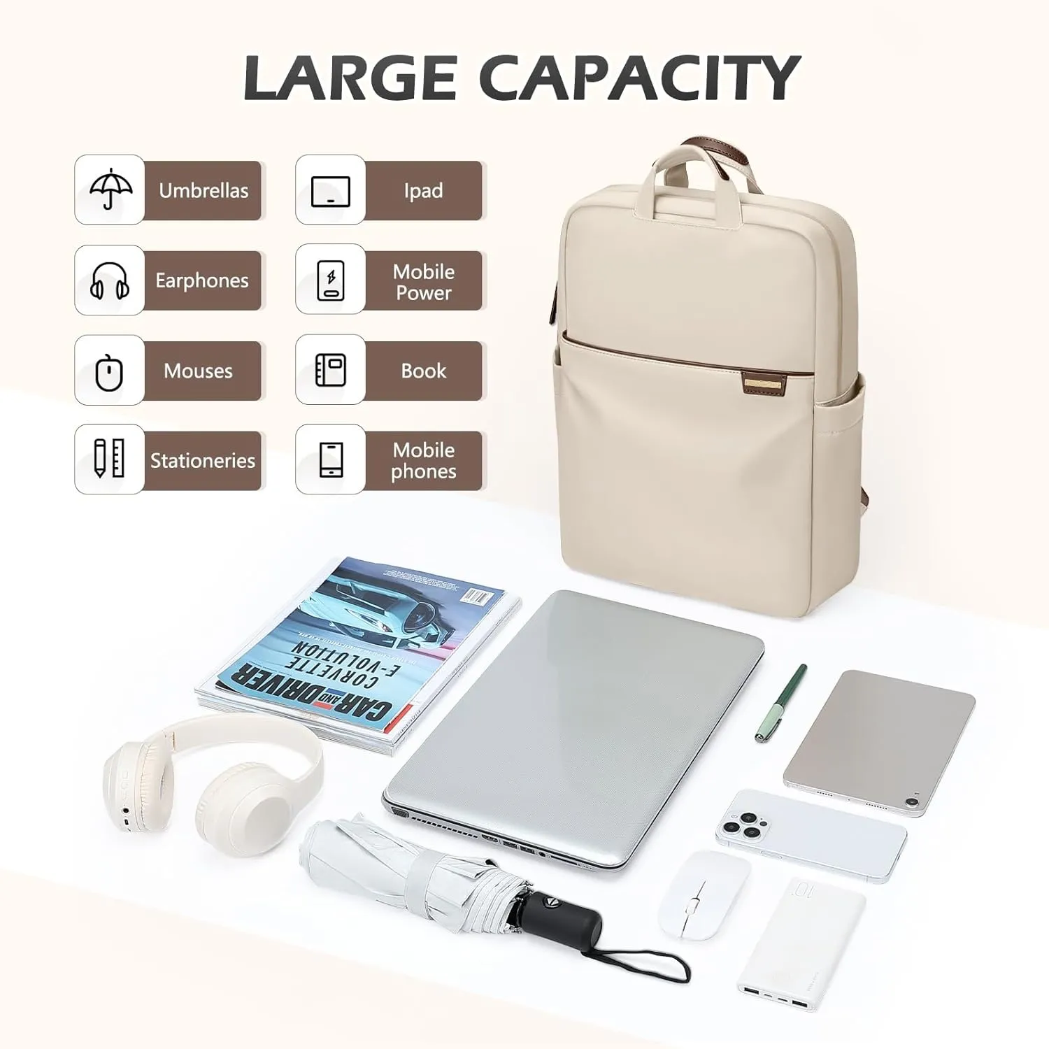 Slim Laptop Backpack for Women, Lightweight Business Backpack for Women Computer Bag Purse for Commuting, Fit 16 Inch, Apricot