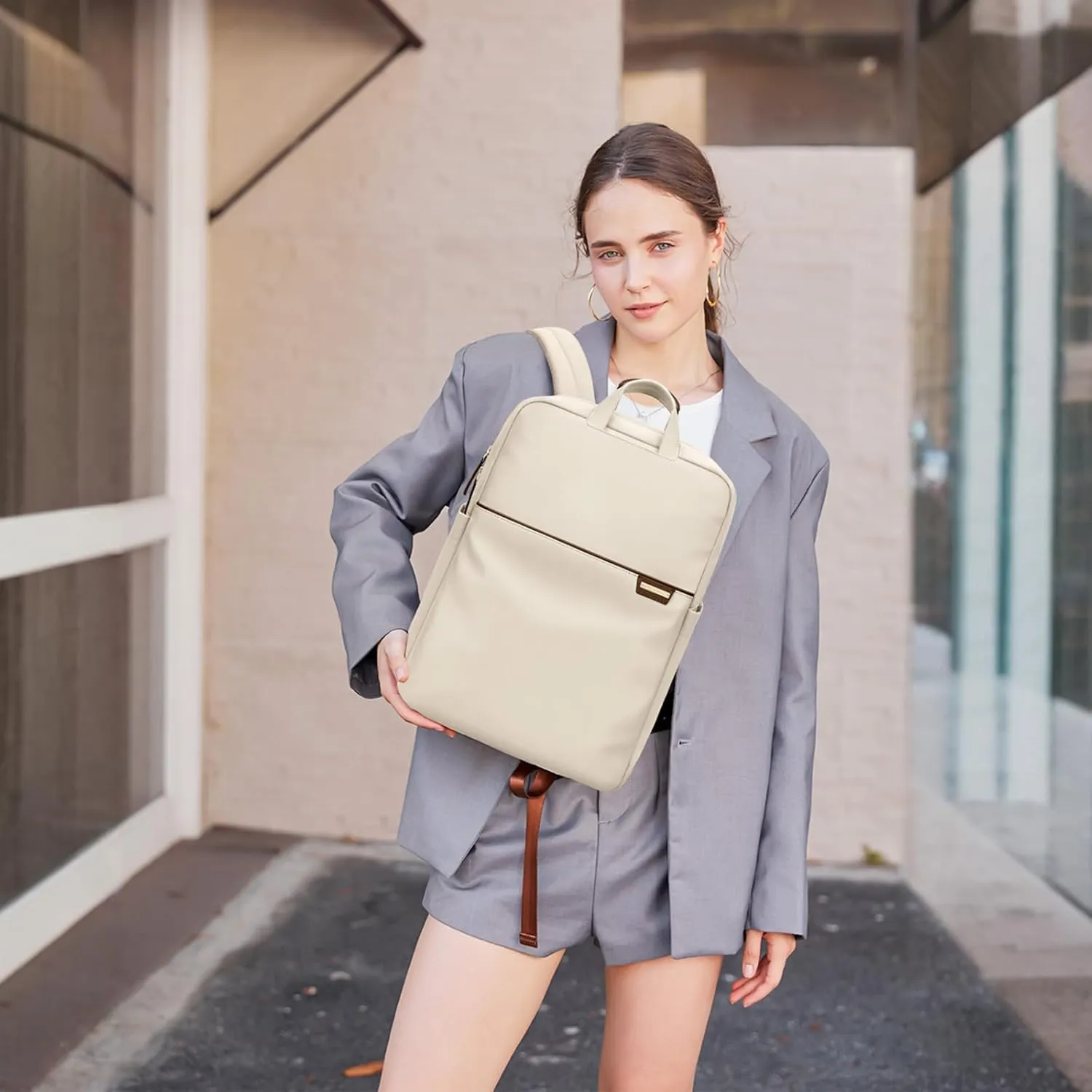 Slim Laptop Backpack for Women, Lightweight Business Backpack for Women Computer Bag Purse for Commuting, Fit 16 Inch, Apricot
