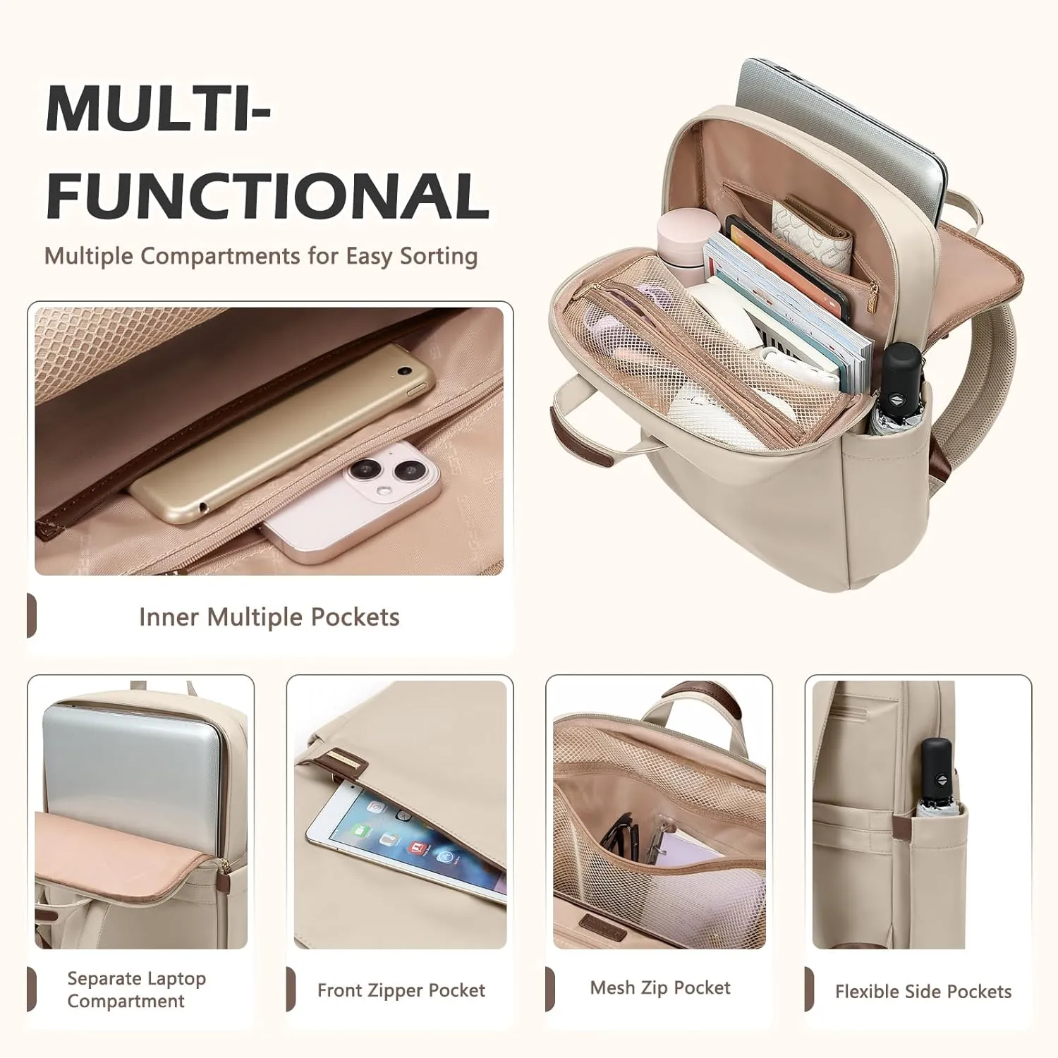 Slim Laptop Backpack for Women, Lightweight Business Backpack for Women Computer Bag Purse for Commuting, Fit 16 Inch, Apricot
