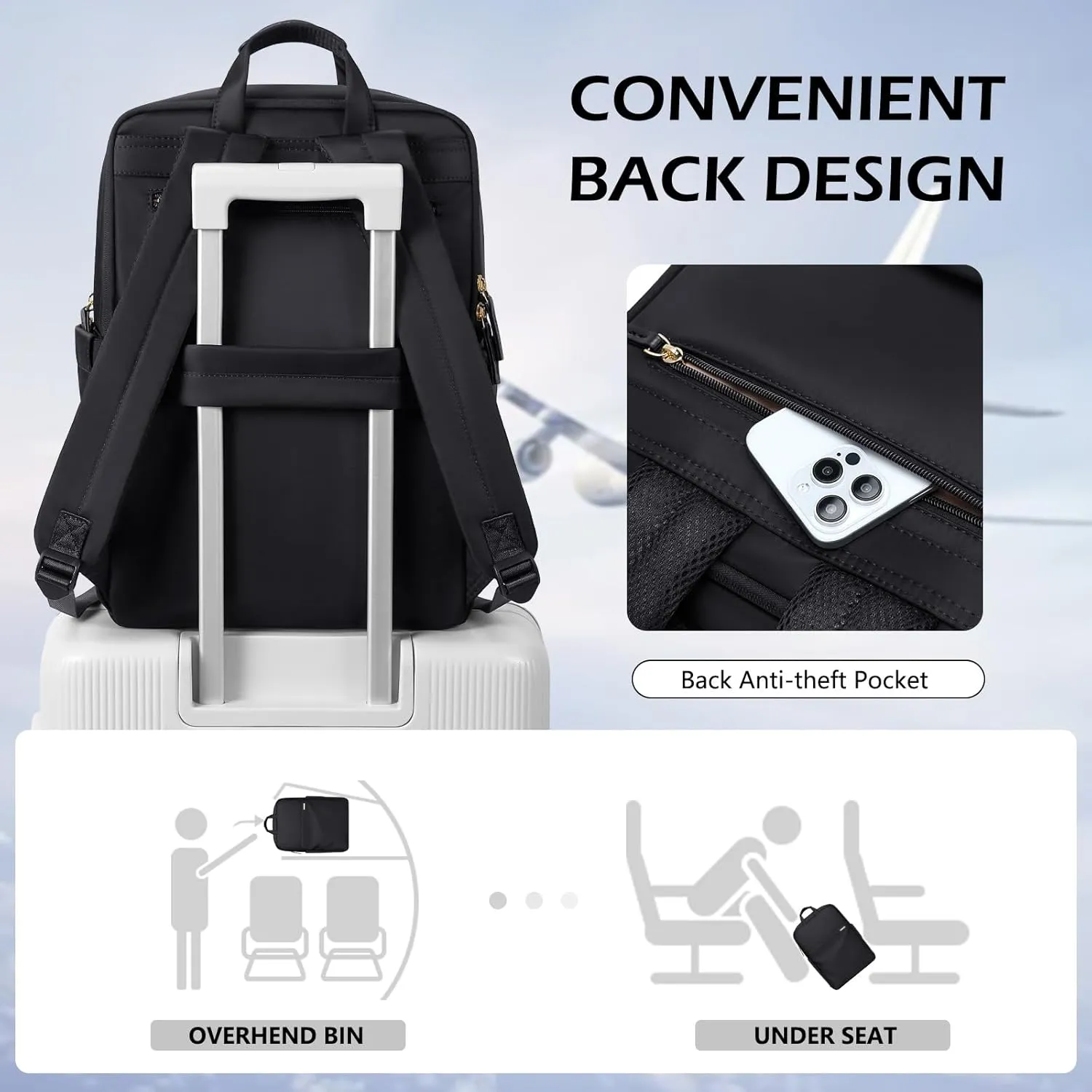 Slim Laptop Backpack for Women, Lightweight Business Backpack for Women Computer Bag Purse for Commuting, Fit 17.3 Inch, Black