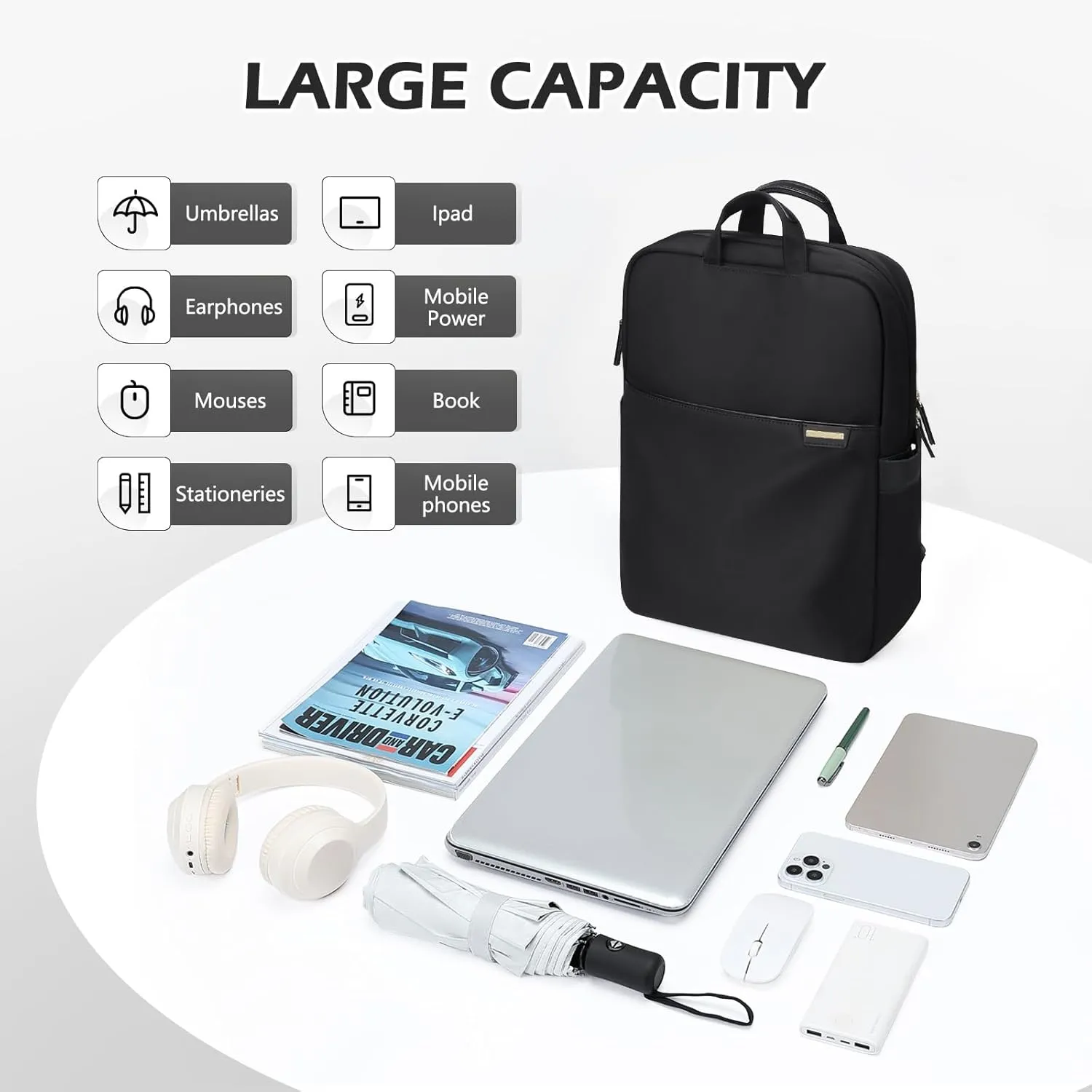 Slim Laptop Backpack for Women, Lightweight Business Backpack for Women Computer Bag Purse for Commuting, Fit 17.3 Inch, Black