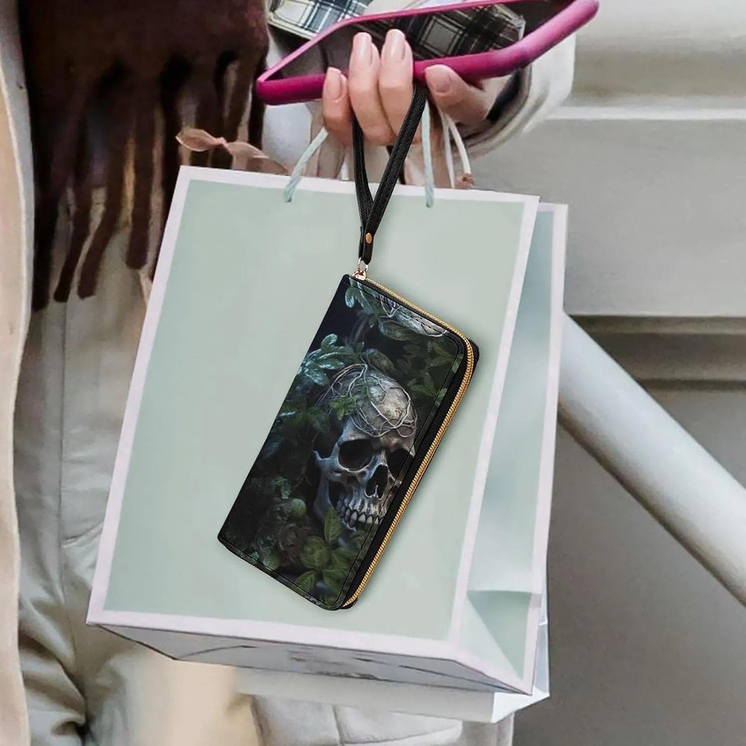 Slim Wallet for Women Men Leather Wallet,Green Leaves And Skull Credit Card Holder Clutch Purses for Women, Available in Multiple Styles