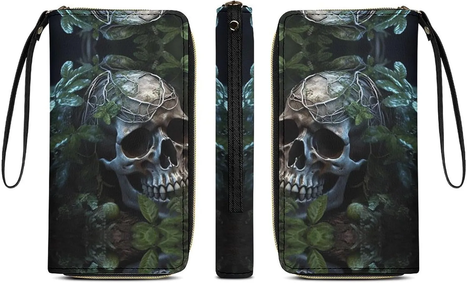 Slim Wallet for Women Men Leather Wallet,Green Leaves And Skull Credit Card Holder Clutch Purses for Women, Available in Multiple Styles
