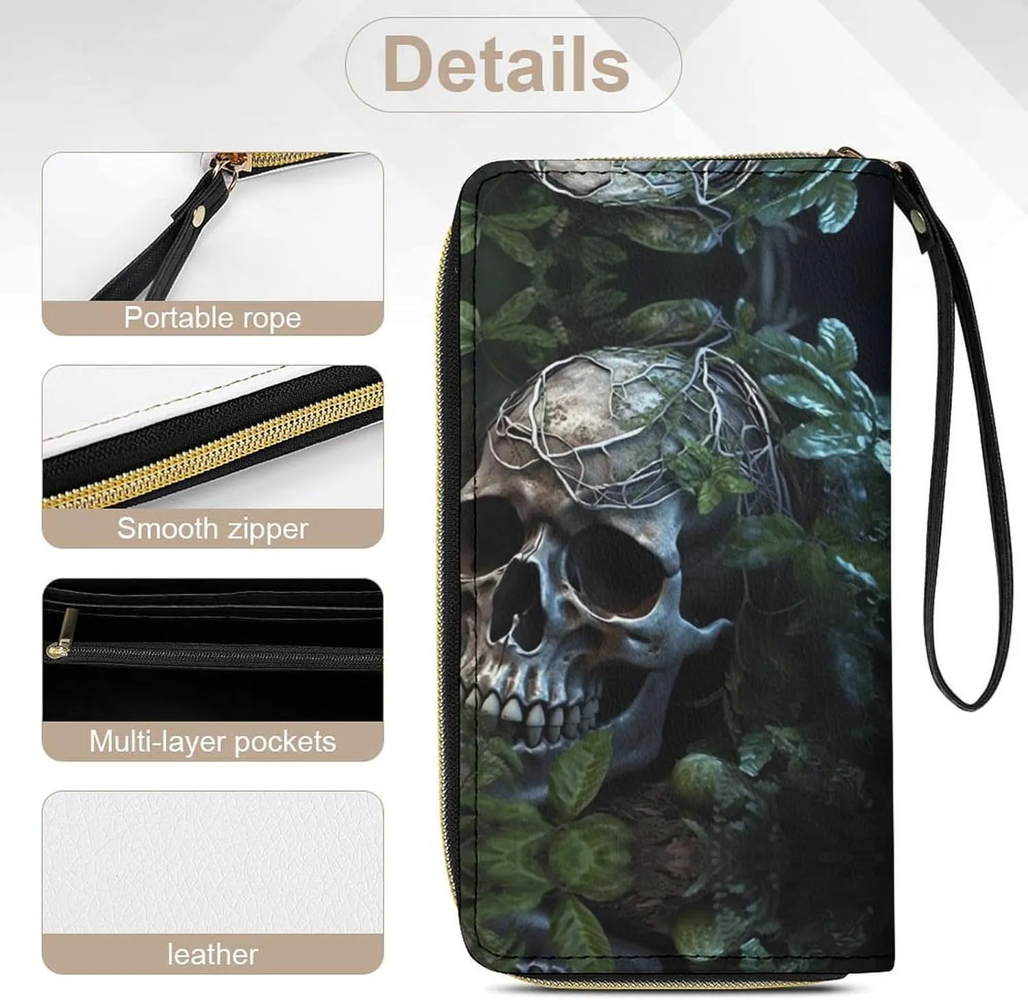 Slim Wallet for Women Men Leather Wallet,Green Leaves And Skull Credit Card Holder Clutch Purses for Women, Available in Multiple Styles