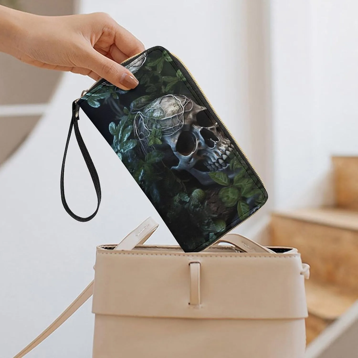 Slim Wallet for Women Men Leather Wallet,Green Leaves And Skull Credit Card Holder Clutch Purses for Women, Available in Multiple Styles