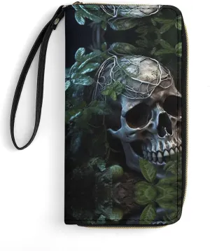 Slim Wallet for Women Men Leather Wallet,Green Leaves And Skull Credit Card Holder Clutch Purses for Women, Available in Multiple Styles