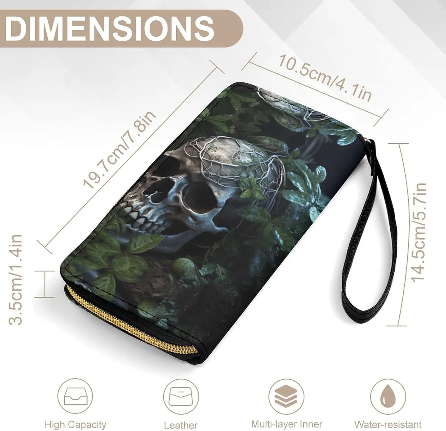 Slim Wallet for Women Men Leather Wallet,Green Leaves And Skull Credit Card Holder Clutch Purses for Women, Available in Multiple Styles