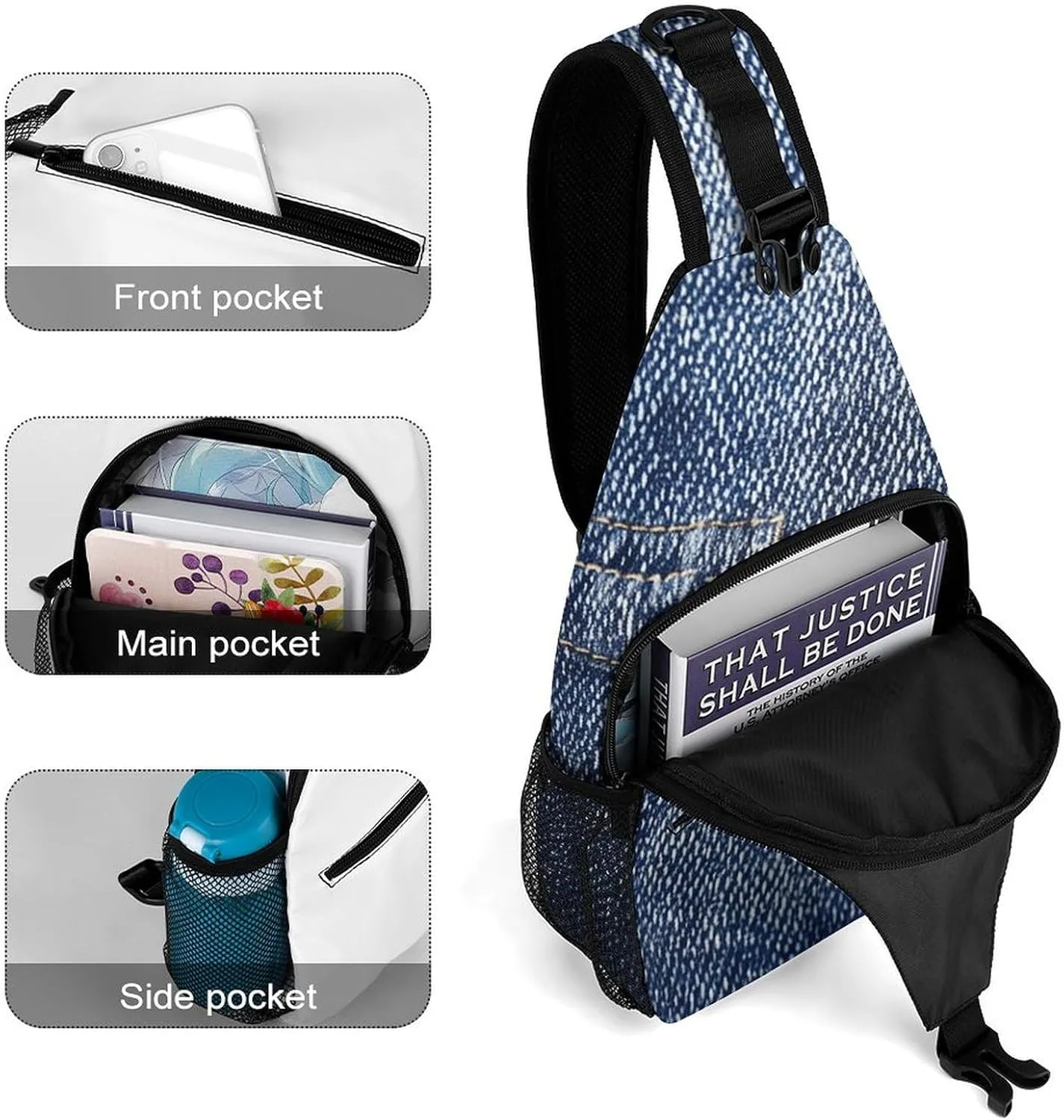 Sling Backpack Crossbody for Man Woman Denim Texture Image Cross Body Adjustable Chest Bag