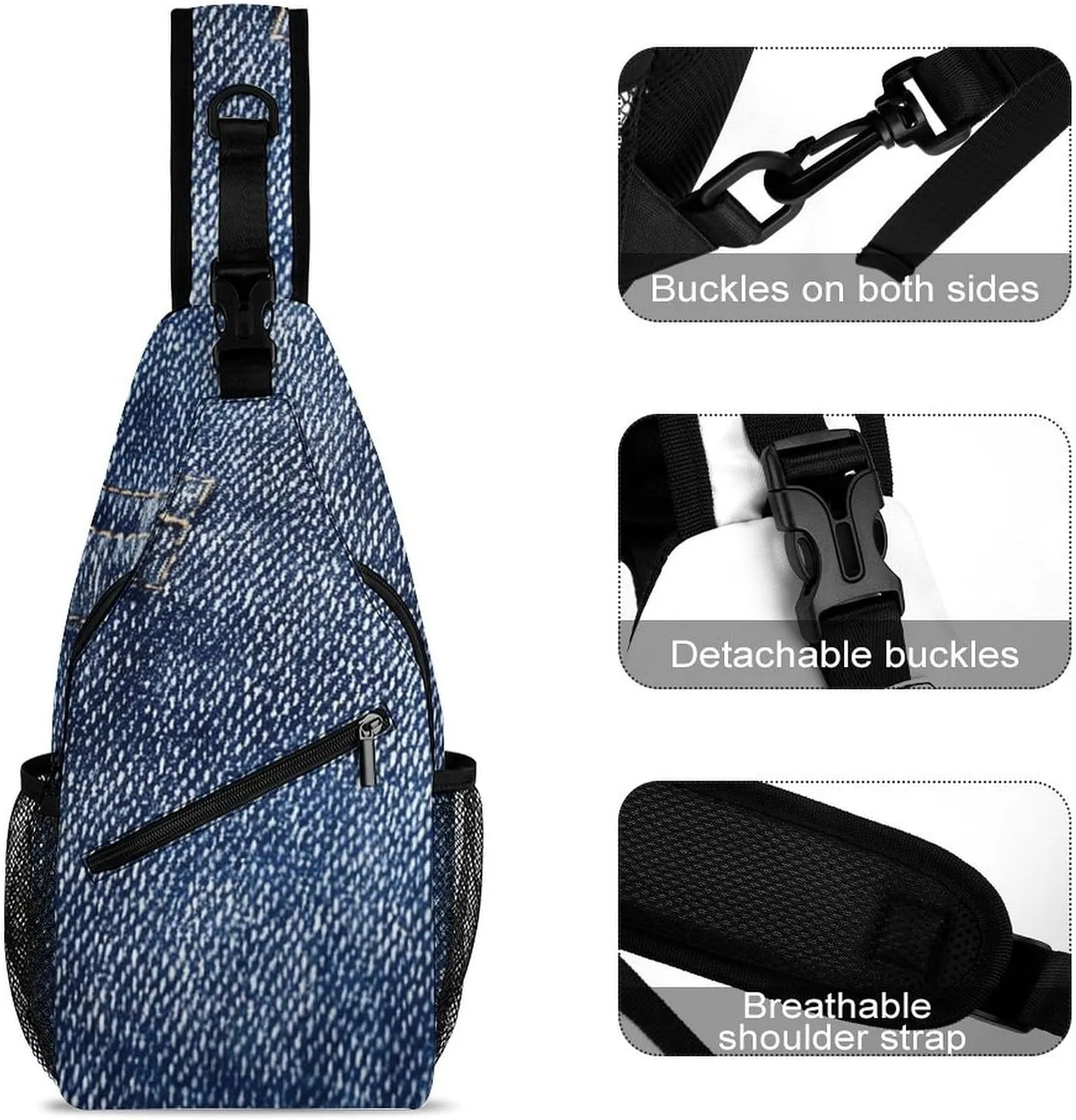 Sling Backpack Crossbody for Man Woman Denim Texture Image Cross Body Adjustable Chest Bag