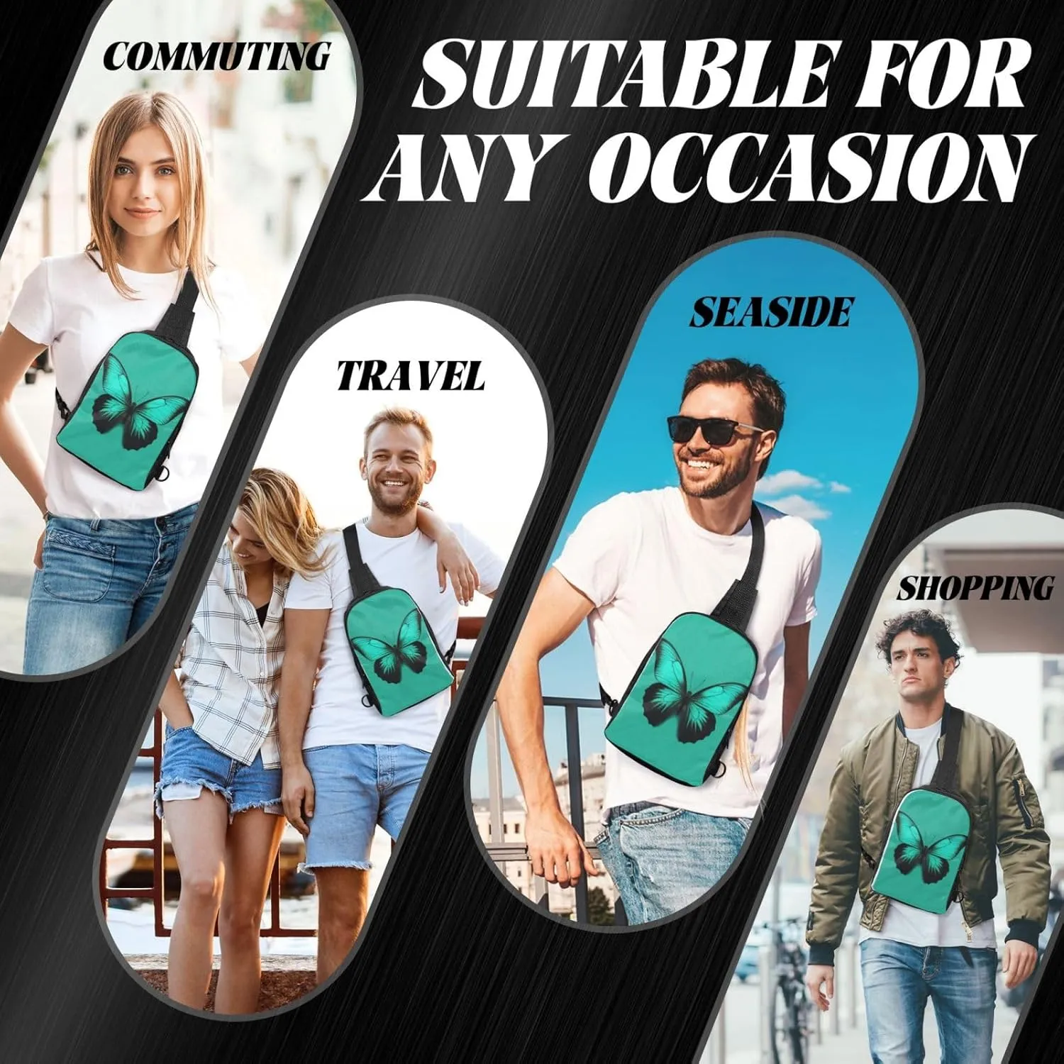 Sling Backpack Crossbody Sling Bag for Men Women Cross Chest Bag Green butterfly Shoulder Bag Travel Hiking Daypack