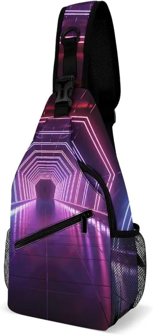 Sling Backpack for Women Men Crossbody Chest Bag Fanny Pack Neon Lights Tunnel Sling Bag for Hiking Travel