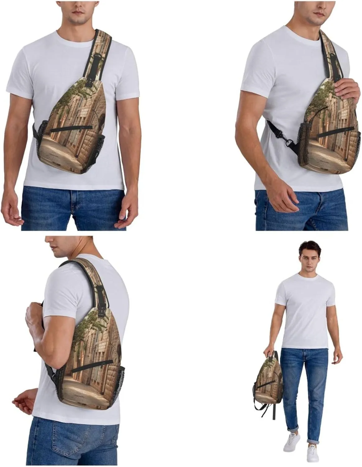 Sling Bag Crossbody Sling Backpack for Men Women Architecture Streets Houses Cross Chest Bag Travel Hiking Daypack
