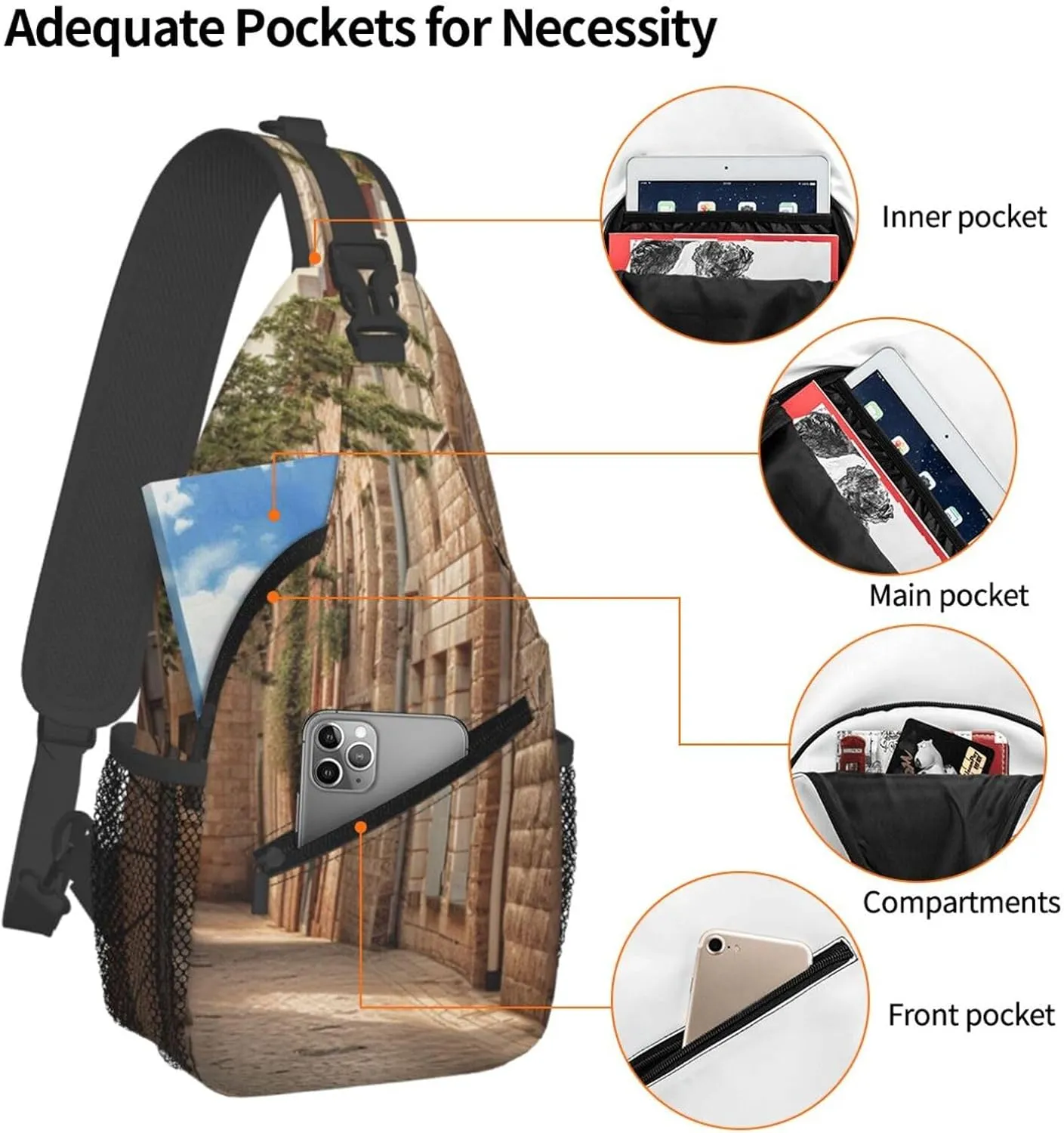 Sling Bag Crossbody Sling Backpack for Men Women Architecture Streets Houses Cross Chest Bag Travel Hiking Daypack