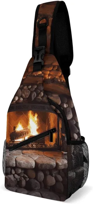 Sling Bag for Women Men Christmas Rock Stone Fireplace Wooden Mantel Crossbody Bag Hiking Chest Bag Crossbody Fanny Pack Fashion Waist Packs Casual Daypack Backpacks Shoulder Bag for Travel