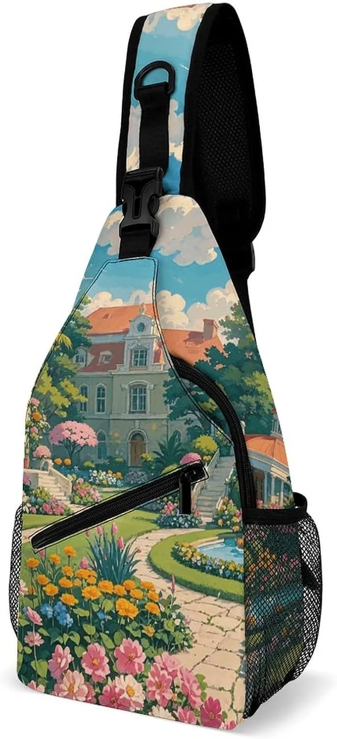 Sling Bag for Women Men Whimsical Gardens Academy Crossbody Bag Hiking Chest Bag Crossbody Fanny Pack Fashion Waist Packs Casual Daypack Backpacks Shoulder Bag for Travel