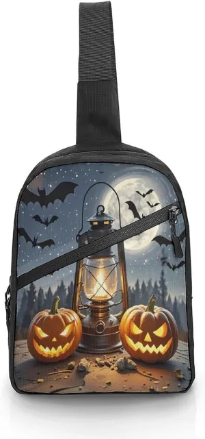 Sling Bag Multipurpose Chest Bag Crossbody Pumpkin Coal Oil Lamp Printing Sling Backpack for Outdoors Hiking Traveling