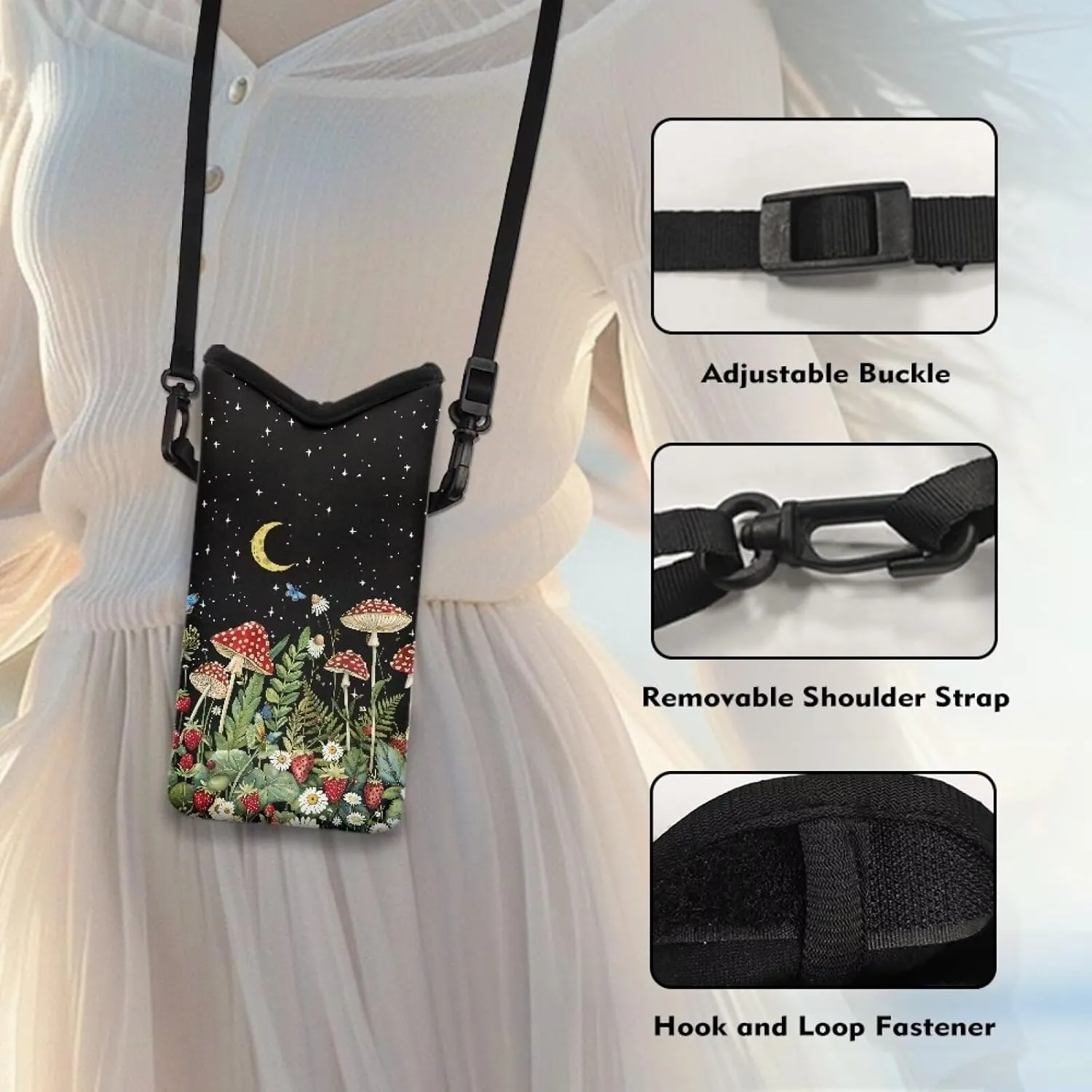 Small Cross Body Bag for Woman Man Cell Phone Crossbody Purse Neoprene Travel Shoulder Handbags for iPhone 15/14/13/12, Google Pixel 8/7/6, Mushroom Daisy Butterfly Strawberry Moon Black