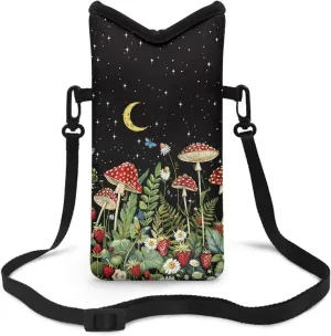 Small Cross Body Bag for Woman Man Cell Phone Crossbody Purse Neoprene Travel Shoulder Handbags for iPhone 15/14/13/12, Google Pixel 8/7/6, Mushroom Daisy Butterfly Strawberry Moon Black