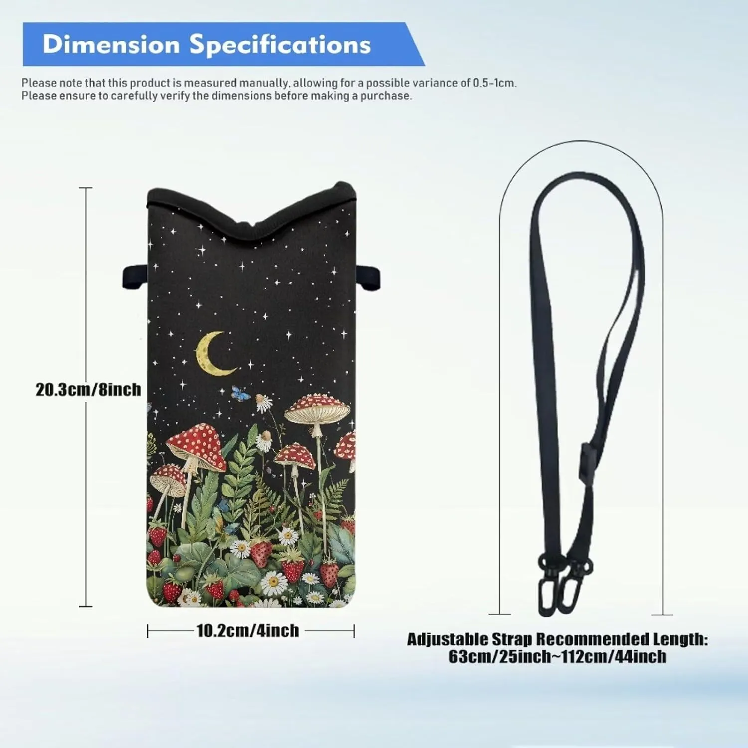 Small Cross Body Bag for Woman Man Cell Phone Crossbody Purse Neoprene Travel Shoulder Handbags for iPhone 15/14/13/12, Google Pixel 8/7/6, Mushroom Daisy Butterfly Strawberry Moon Black