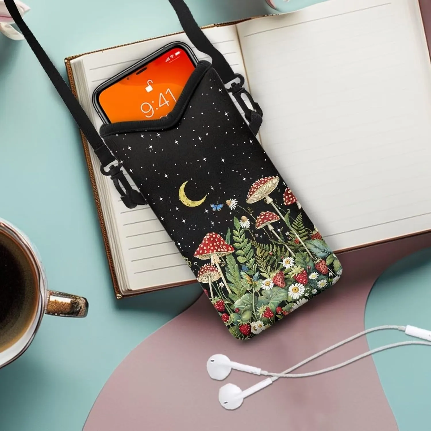 Small Cross Body Bag for Woman Man Cell Phone Crossbody Purse Neoprene Travel Shoulder Handbags for iPhone 15/14/13/12, Google Pixel 8/7/6, Mushroom Daisy Butterfly Strawberry Moon Black