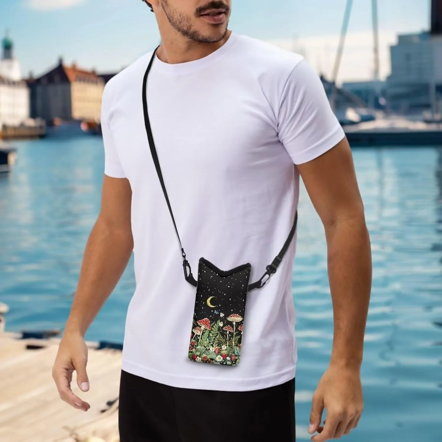 Small Cross Body Bag for Woman Man Cell Phone Crossbody Purse Neoprene Travel Shoulder Handbags for iPhone 15/14/13/12, Google Pixel 8/7/6, Mushroom Daisy Butterfly Strawberry Moon Black